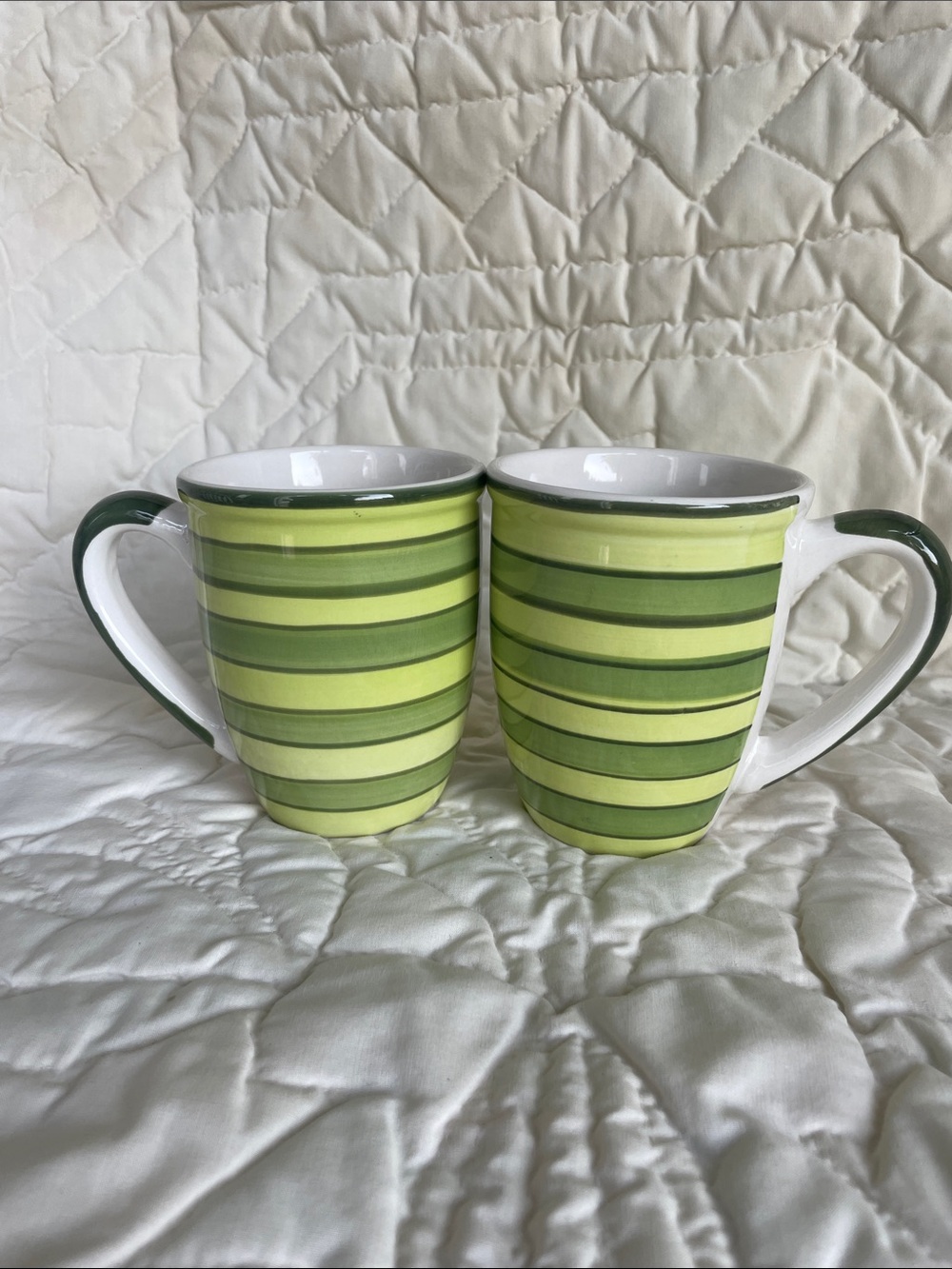 Green Striped Ceramic Coffee Mugs - Set of 2